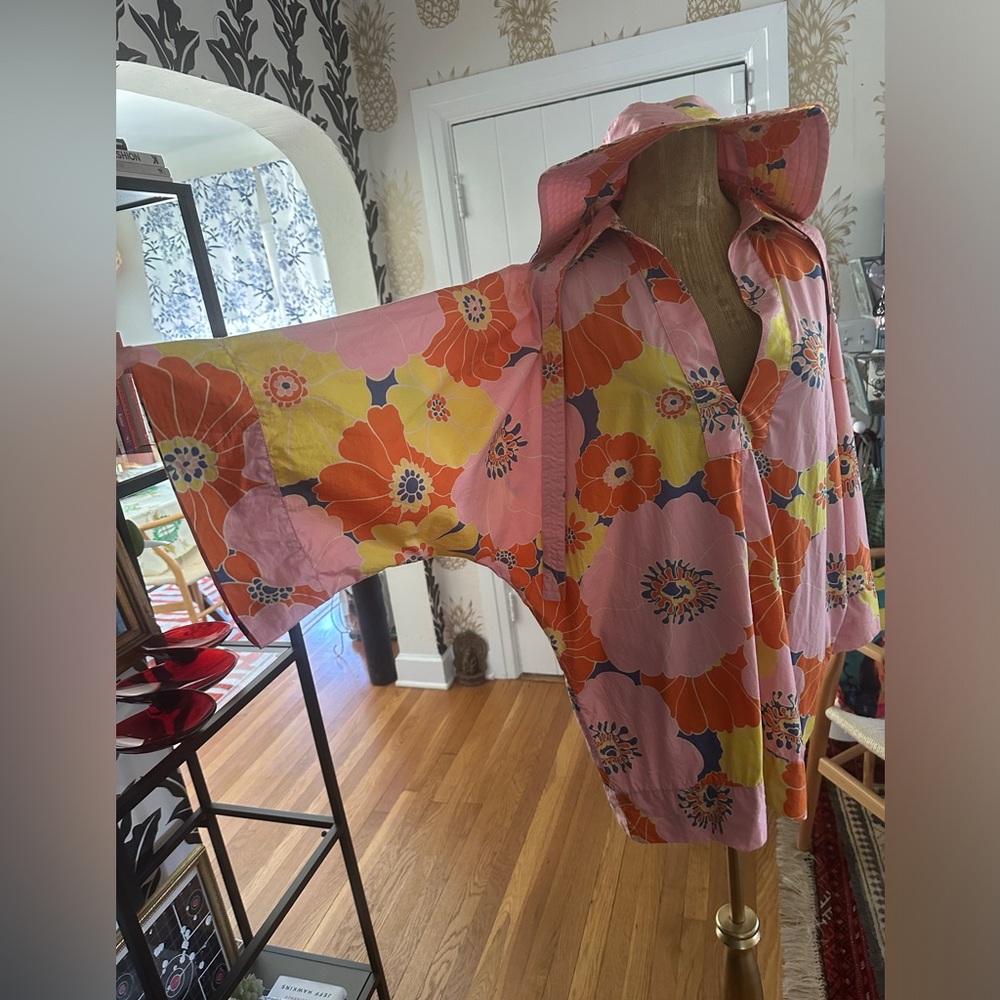 Zara Retro Pink Orange Yellow Floral Printed Oversized Tunic Size Small with hat - Picture 9 of 10